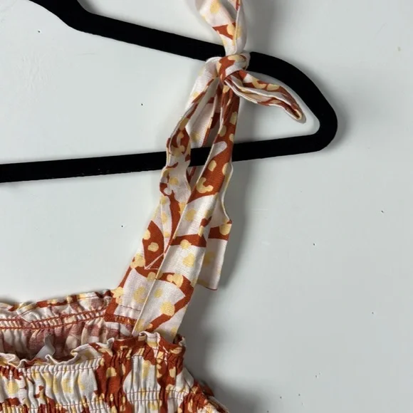 Nicole Miller NWT SZ XS Linen Orange,Cream,Yellow Sun Mini Dress w/Smocking - Picture 15 of 16